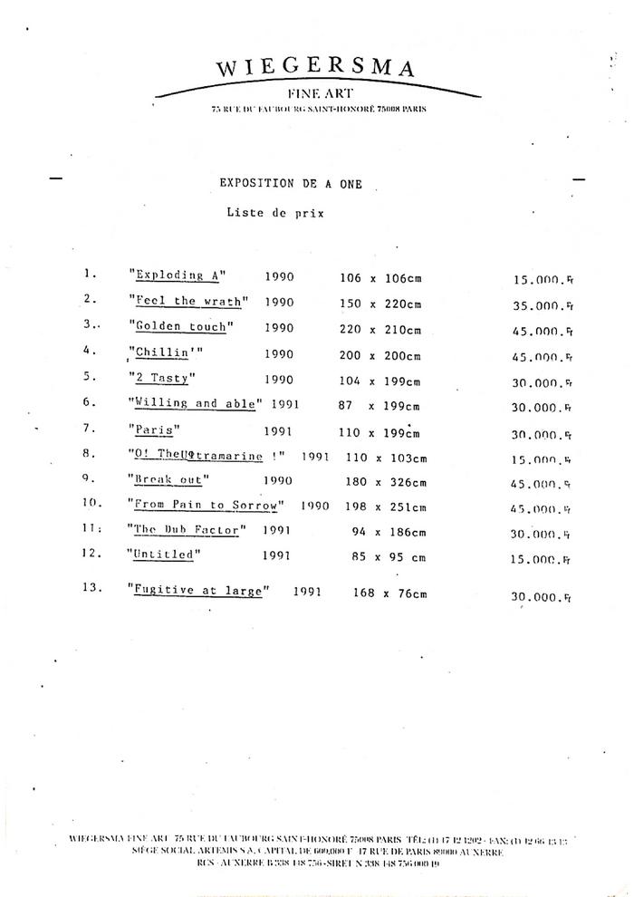 Pricelist of A-One's exhibition at Galerie Quintessens, Utrecht