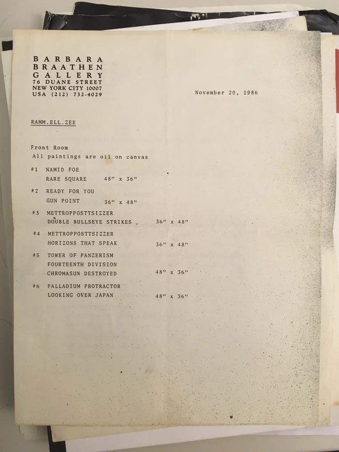 List of Rammellzee's artworks exhibited at Barbara Braathen Gallery, New York