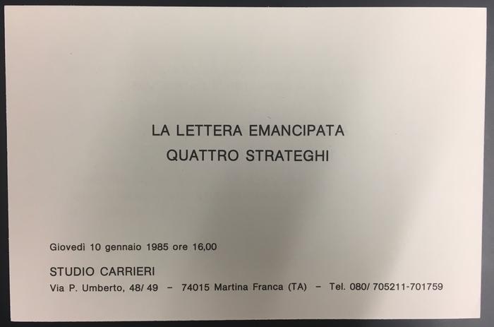 Card for Rammellzee’s exhibition at Studio Carrieri, Martina Franca