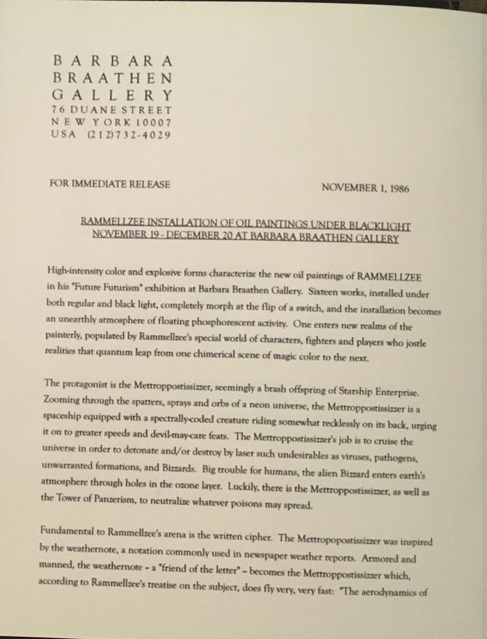 Press Release for Rammellzee’s exhibition at Barbara Braathen Gallery, New York