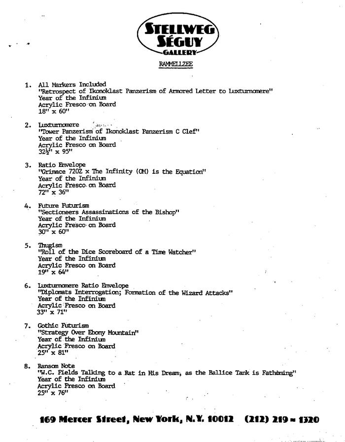 List of Rammellzee's artworks exhibited at Stellweg-Seguy Gallery, New York