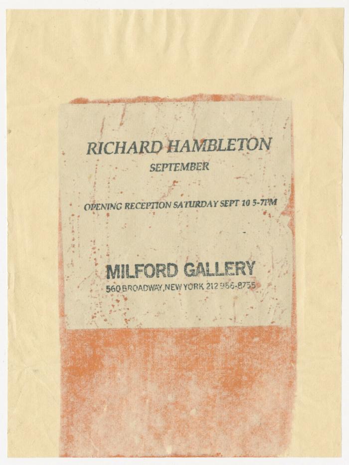 Card for Richard Hambleton's solo exhibition at Milford Gallery, New York