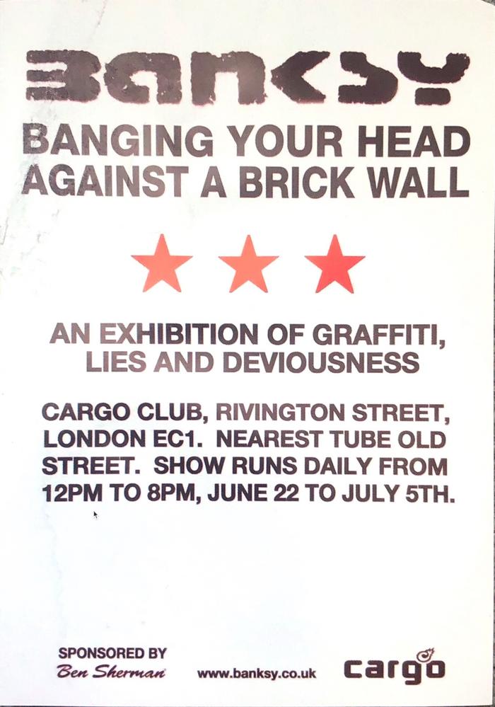 Card for Banksy's Banging your head against a brick wall exhibition at Cargo Club, London