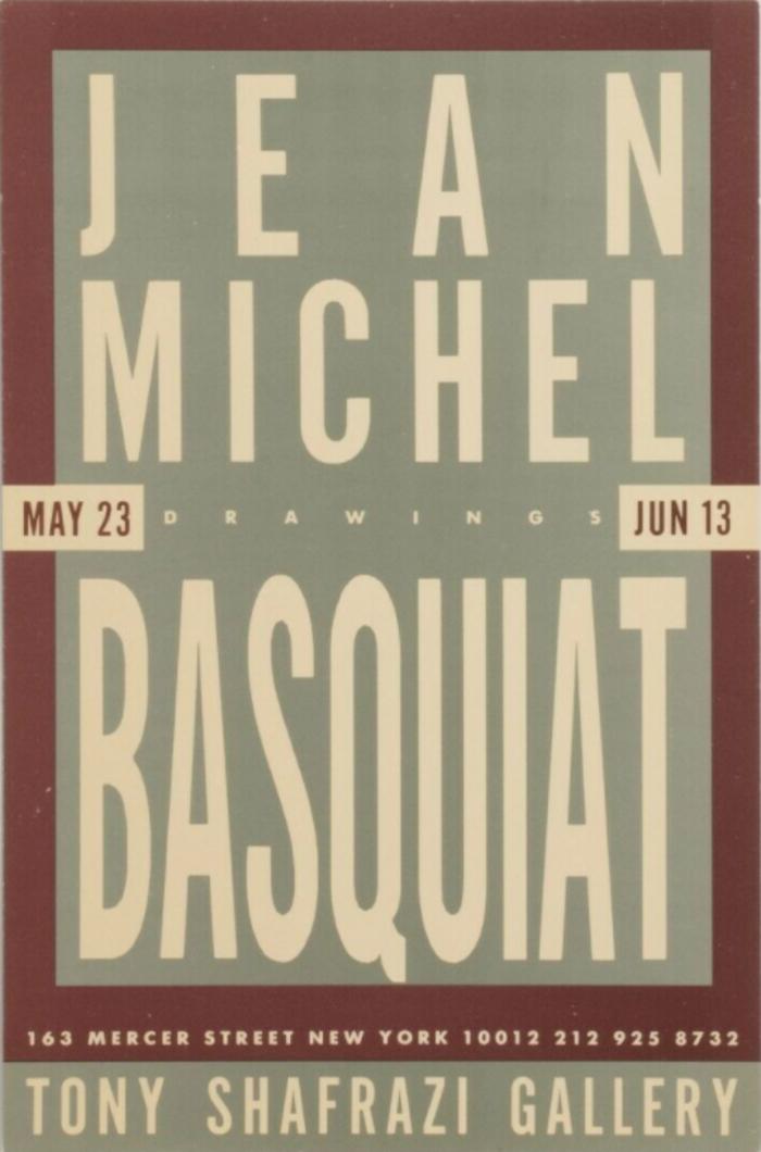 Card of Jean Michel Basquiat's Drawings and Simon Linke's Paintings exhibitions at Tony Shafrazi Gallery, New York