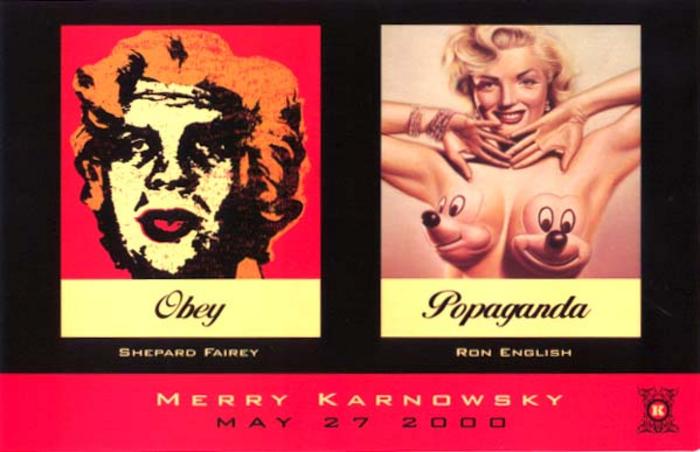 Card of Obey Popaganda. New works by Shepard Fairey and Ron English at Merry Karnowsky Gallery, Los Angeles