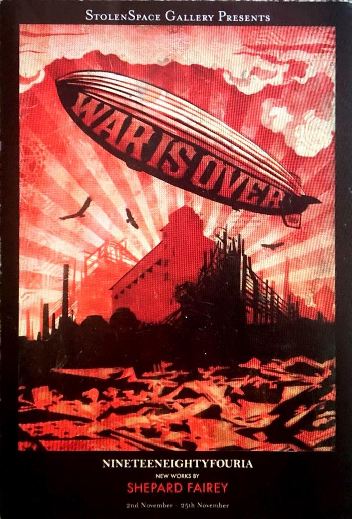 Card of Shepard Fairey's Nineteeneightyfouria exhibition at Stolenspace Gallery, London