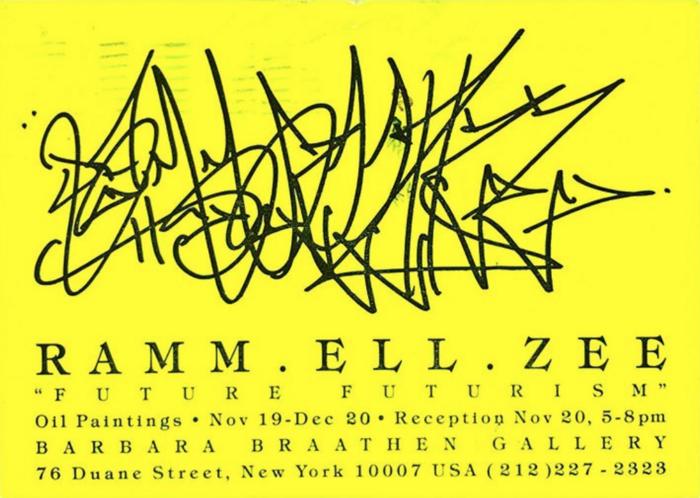 Card of Rammellzee's Future Futurism exhibition at Barbara Braathen Gallery, New York