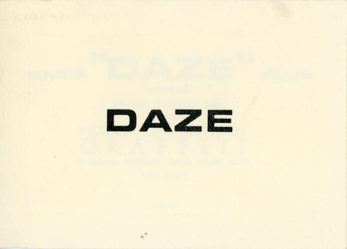 Card for Daze's exhibition at Museum of American Graffiti, New York